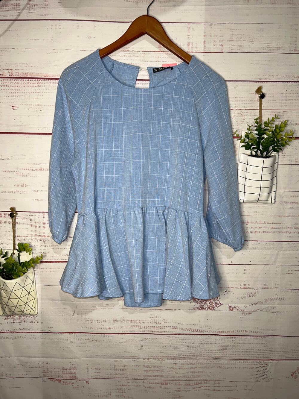 Blue & White Window Pane Plaid Blouse Size Large